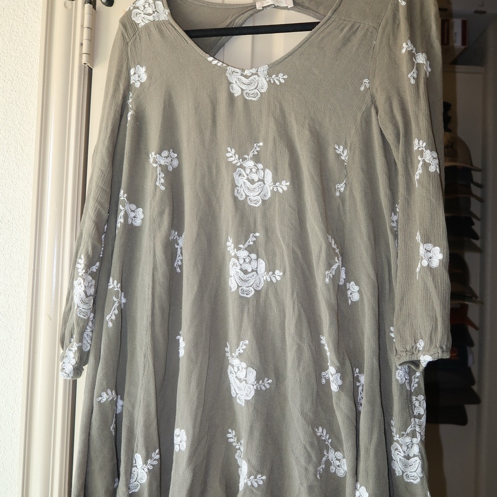 Altar'd State Olive Mini Dress with White Floral Embroidery